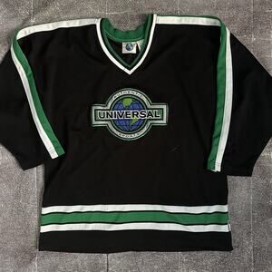 Men's Vintage 90s Universal Studios Sports Black White Green Hockey Jersey Sz XL